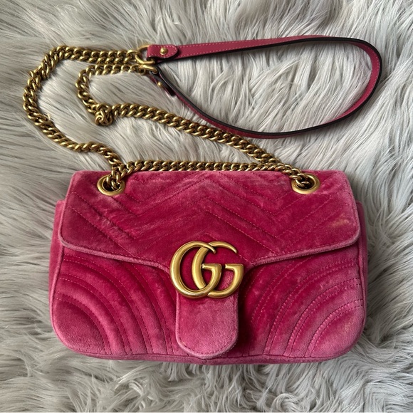 Gucci Handbags - GUCCI Velvet Matelasse Small GG Marmont Shoulder Bag Crossbody Pink